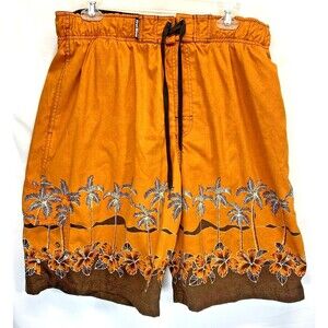 First Wave Tropical Floral Hawaiian Drawstring Board Shorts Sz XL Orange/Brown
